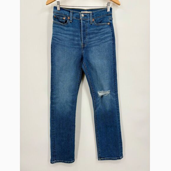 Levi's Wedgie Straight Button Fly Jeans, Sz 27, Medium Indigo Distressed Classic - Picture 1 of 8